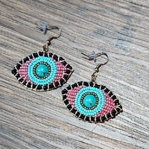 Handmade Turquoise & Pink Beaded Eye Drop Earrings
